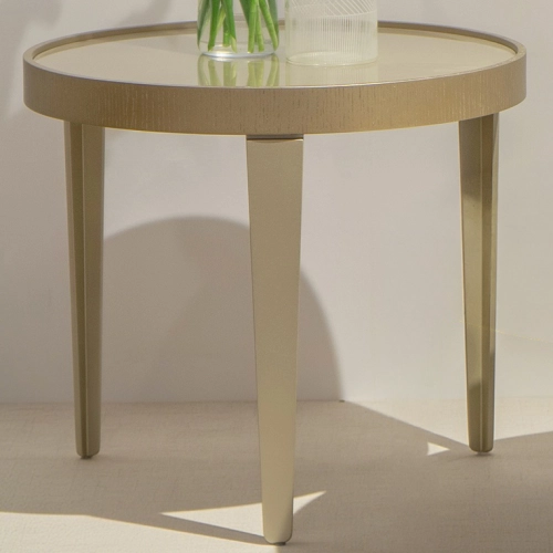 Rowan End Table in Champagne Glass, Wood Veneer & Champagne Metal